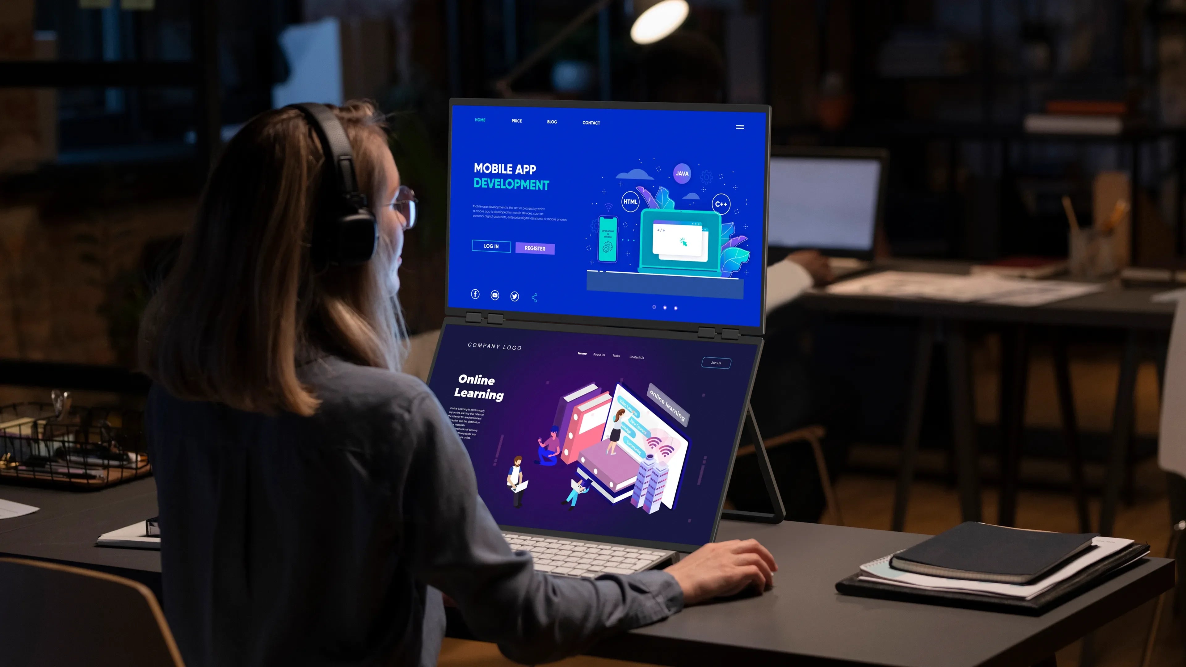 UPERFECT Delta Mega 23.8 Inch 100Hz Dual Screen Stacked Computer Display 1080P 360° Folding Triple Extender Monitor with Speaker