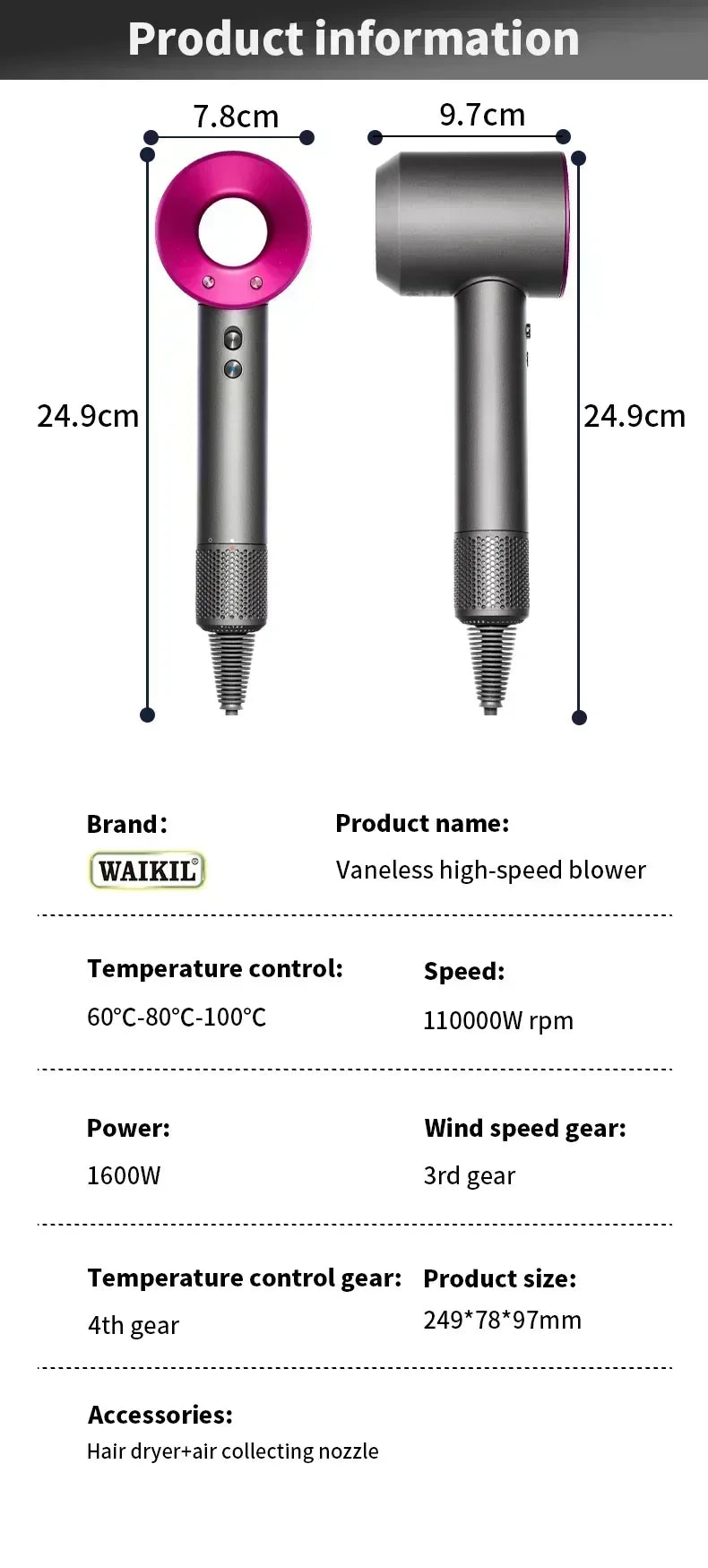Pink and grey 5-in-1 professional hair dryer with thermostatic hot/cold settings and nozzle attachment specs.