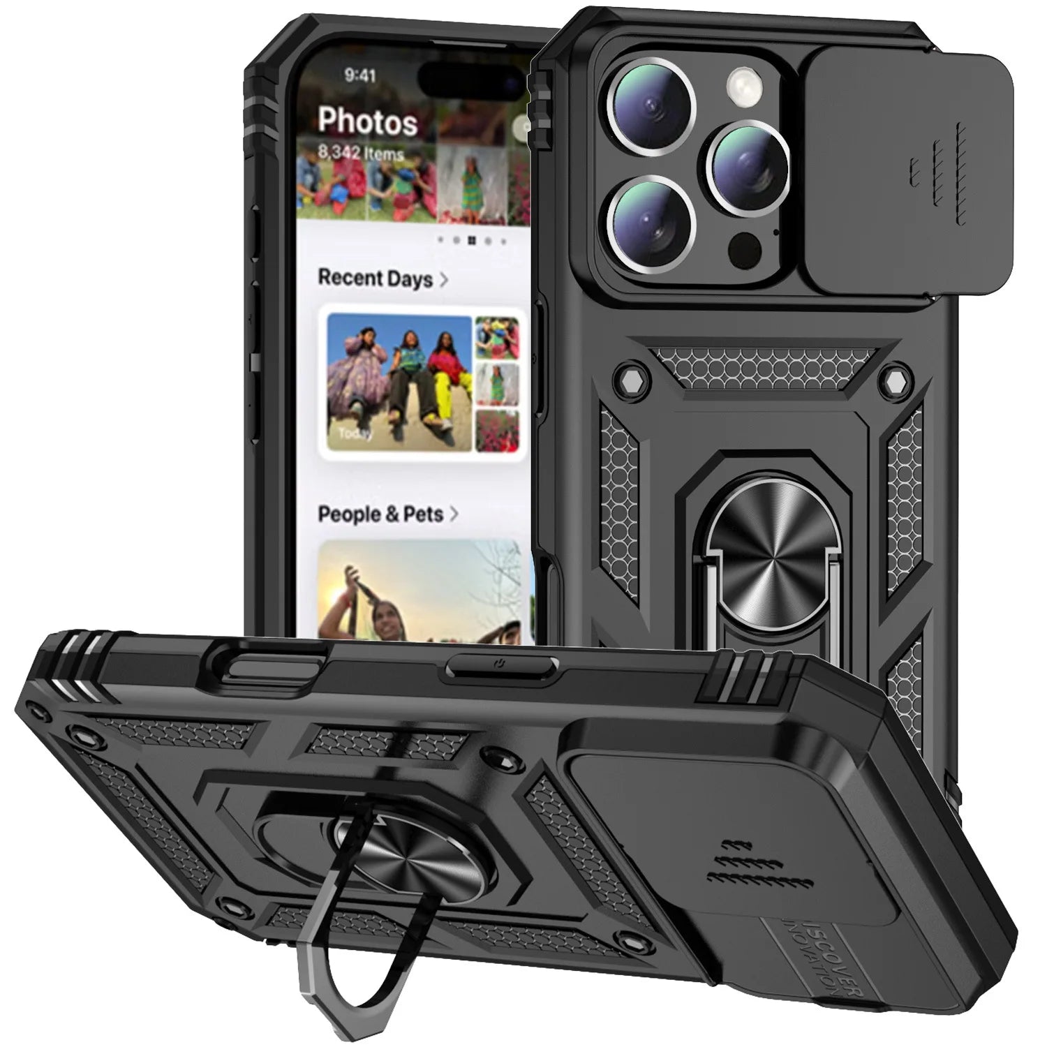 iPhone 16 Pro Max Case with Ring Stand and Lens Cover - Tidesmit black Tidesmit