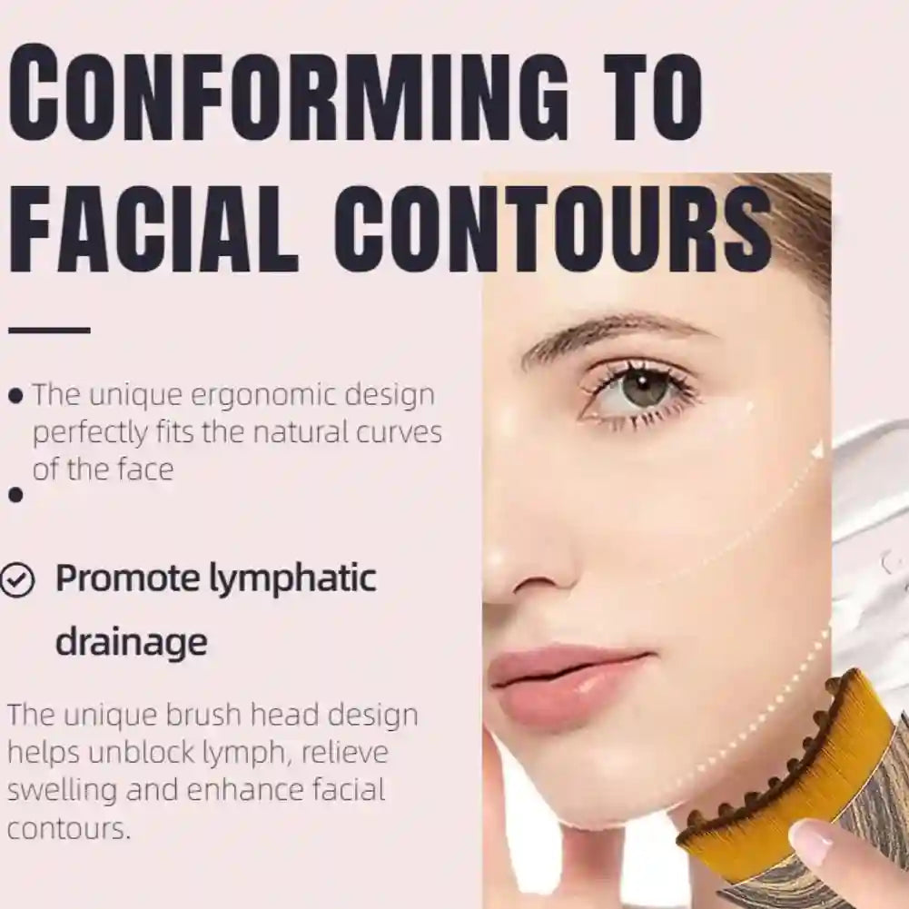 Ergonomic facial brush with wood-grain handle and soft yellow-tipped bristles contouring a woman's jawline.