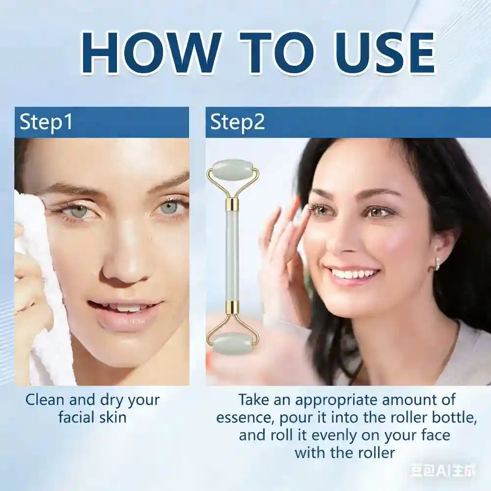Skincare Roller Essence Set for firming, anti-aging, and skin smoothing with hydrating face roller application steps.