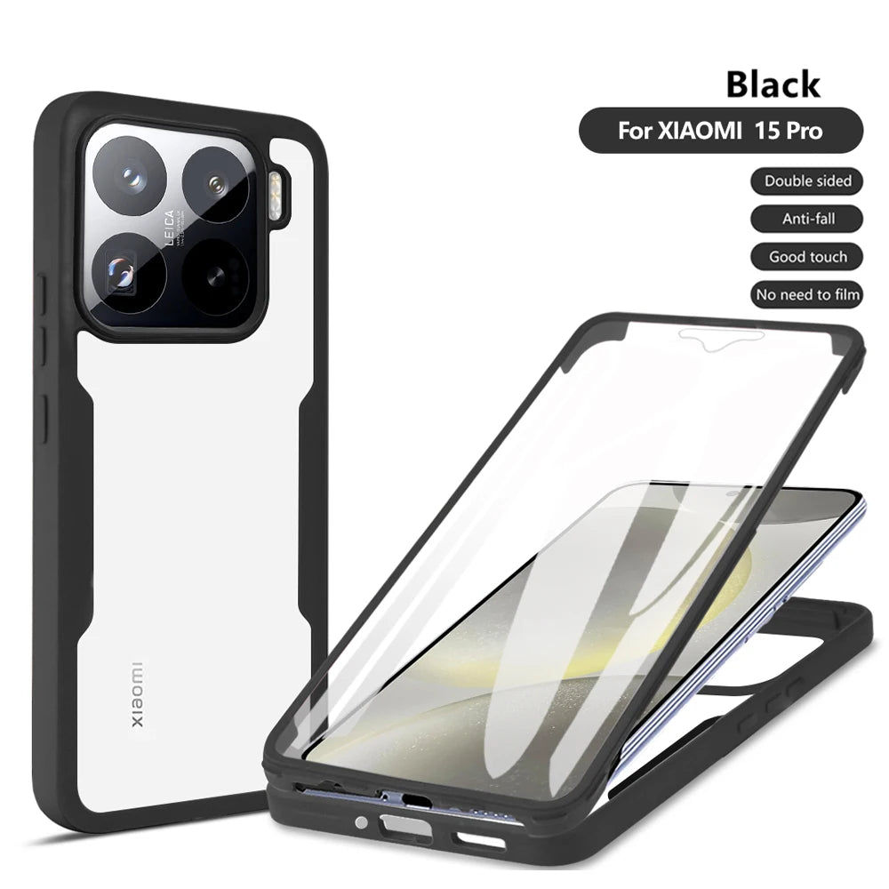 Black 360 shockproof phone case for Xiaomi 15 Pro with clear armor skin and integrated screen protector for protection.