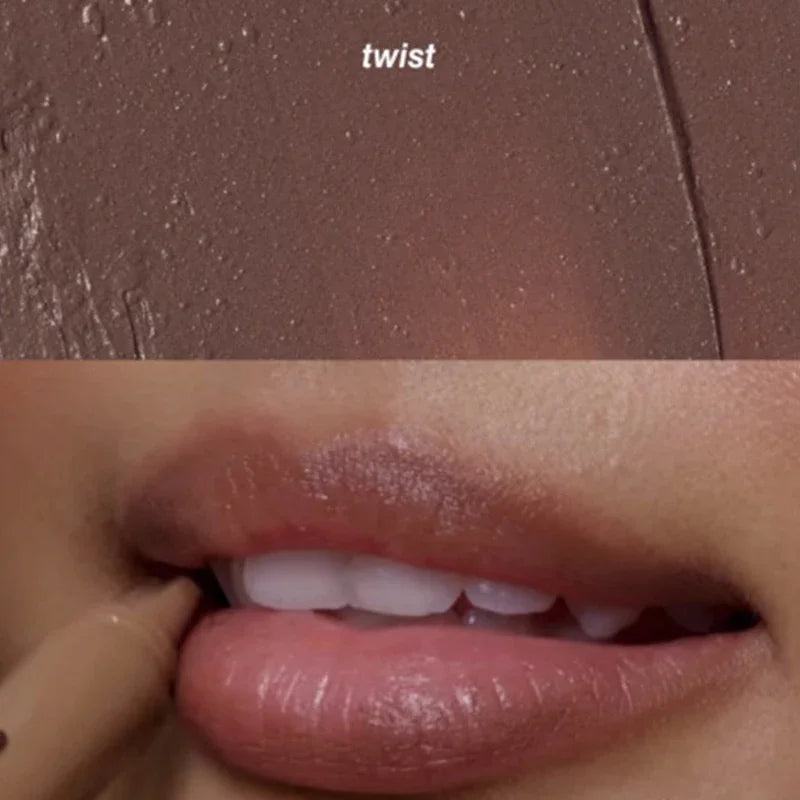 Rhode Skin Peptide Lip Shape Pen in "Toast" shade, showing creamy matte lip liner swatch and application on lips.