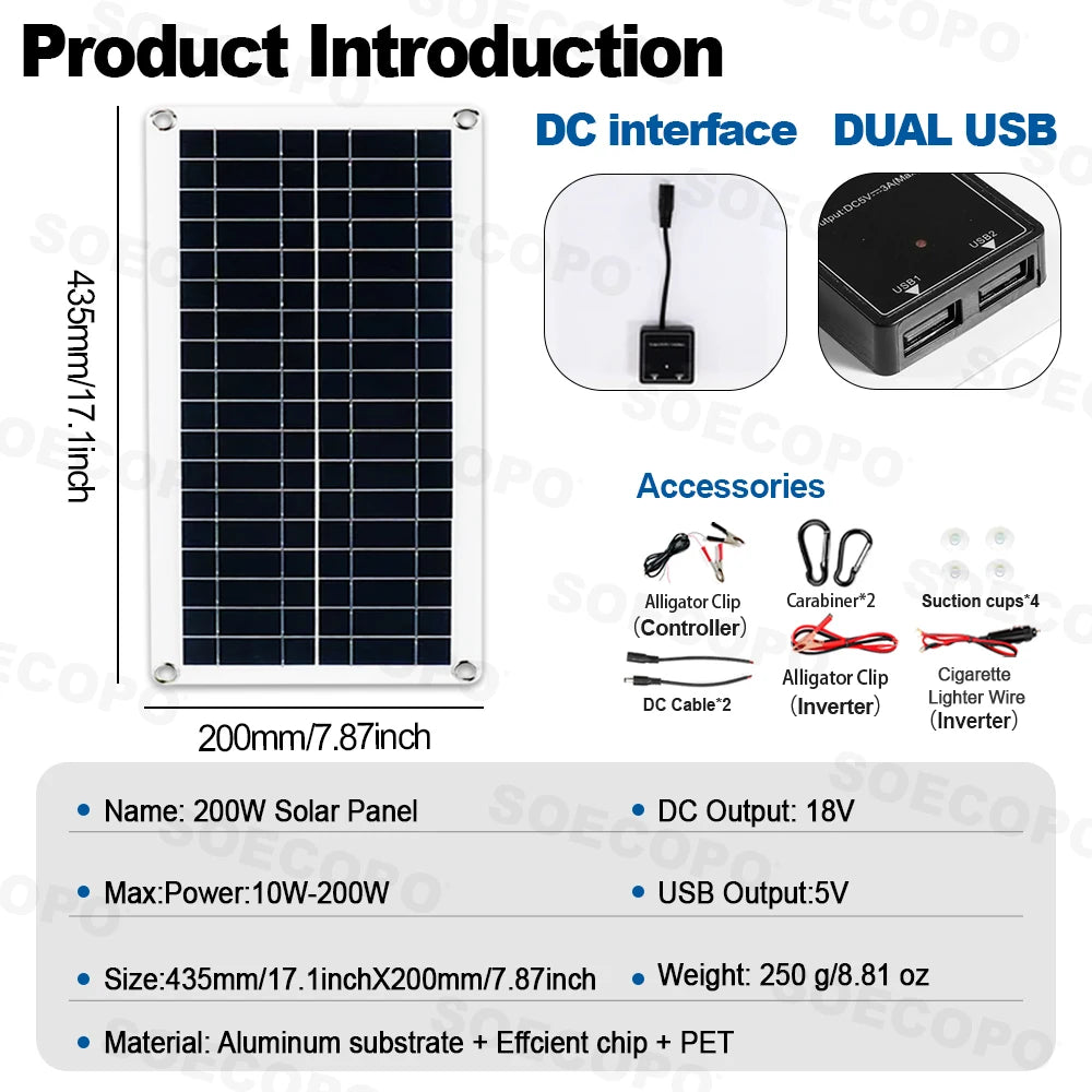 SOECOPO 7000W Peak Solar Power System Kit 200W Panel 100A Controller 12V To 110V 220V Inverter Generator for Camping RV Car Home