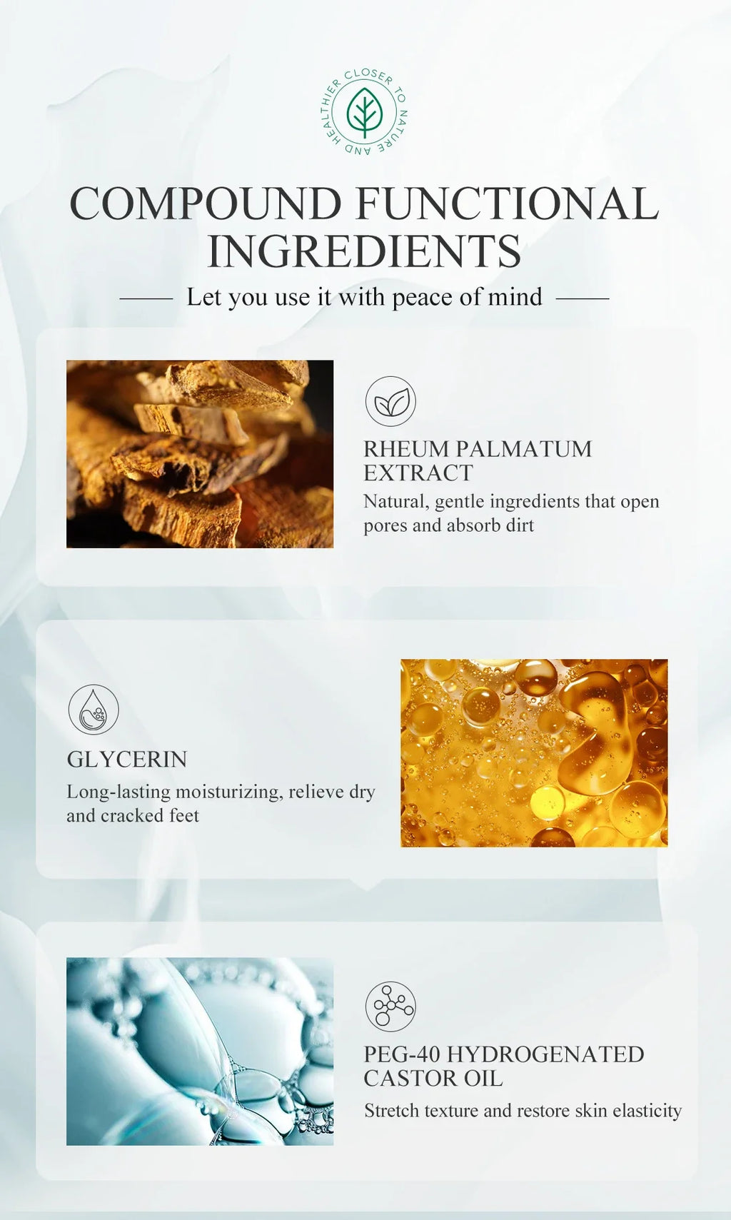 Infographic listing mask ingredients: Rheum Palmatum extract, Glycerin, and PEG-40 Hydrogenated Castor Oil.