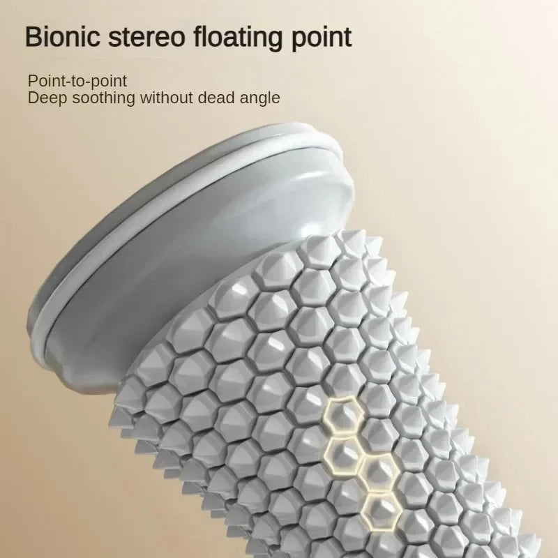 Grey manual foot massage roller with bionic floating points for plantar fasciitis and deep muscle relaxation.