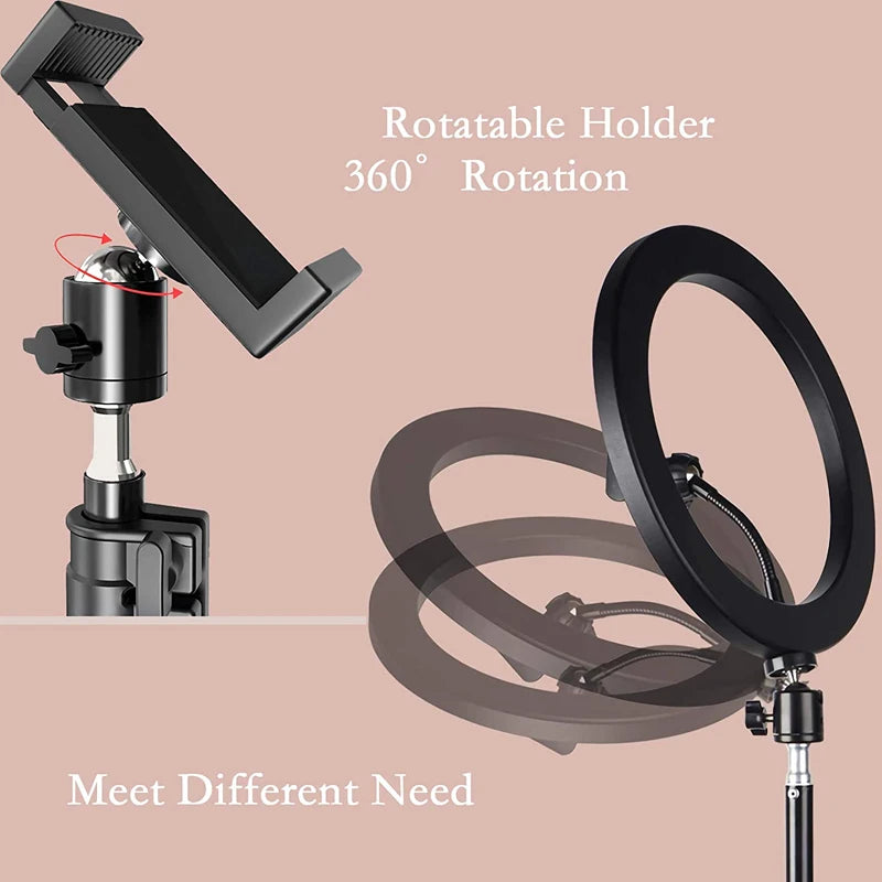 Black ring light with a 360-degree rotatable phone holder on a metal tripod stand for photography and video recording.