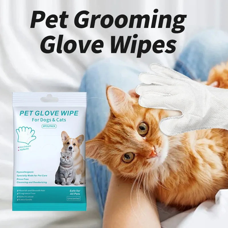 6-pack rinse-free pet grooming glove wipes for easy cat and dog cleaning, deodorizing, and coat care.