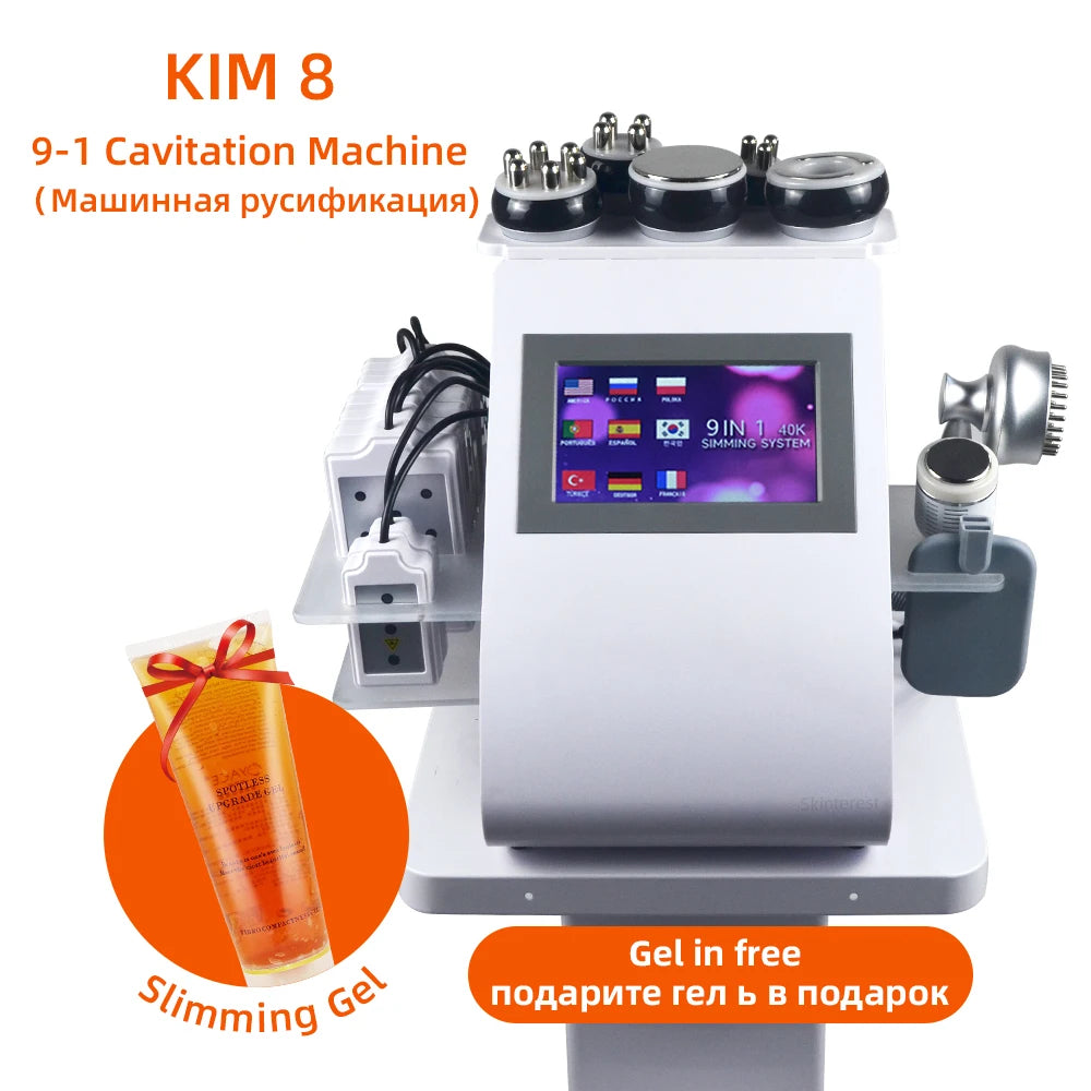 9-in-1 cavitation machine with white base, touch screen, multiple therapy heads, and a tube of orange slimming gel.