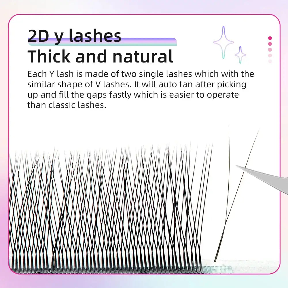2D Y-shaped black lash extensions in a strip, designed to auto-fan for easier application.