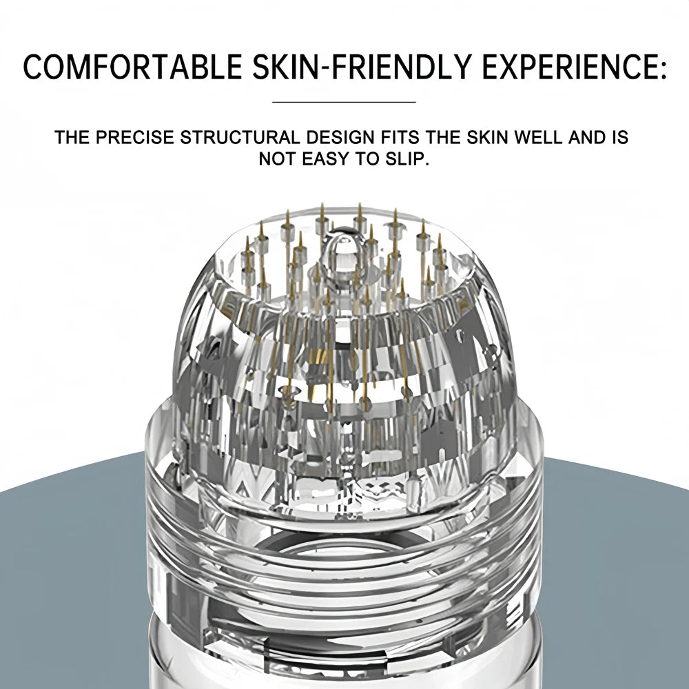 Clear, dome-shaped micro-needle applicator head with gold-tipped pins for skincare essence application.