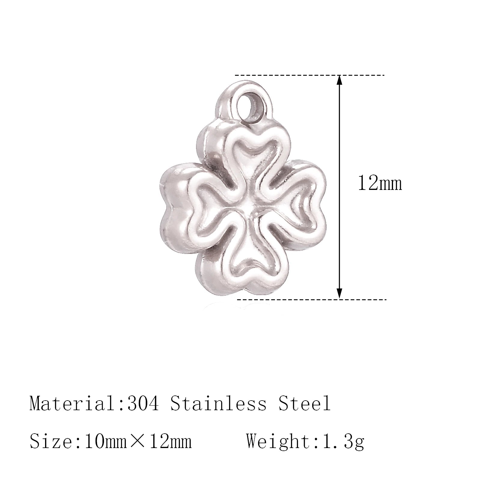 Small stainless steel clover charm pendant for pet collars, bracelets, or DIY jewelry making. Durable silver-tone.