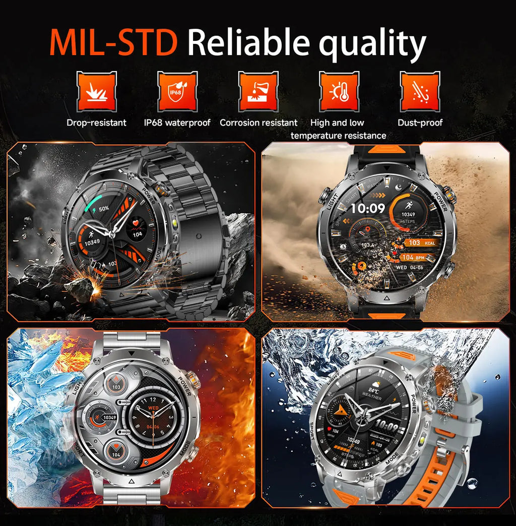 New Military ULtra 1400mAh Huge Battery SmartWatch Two Flashlight 10ATMan Waterproof HD Call 1.73“ 100+Sports Smart watch Man