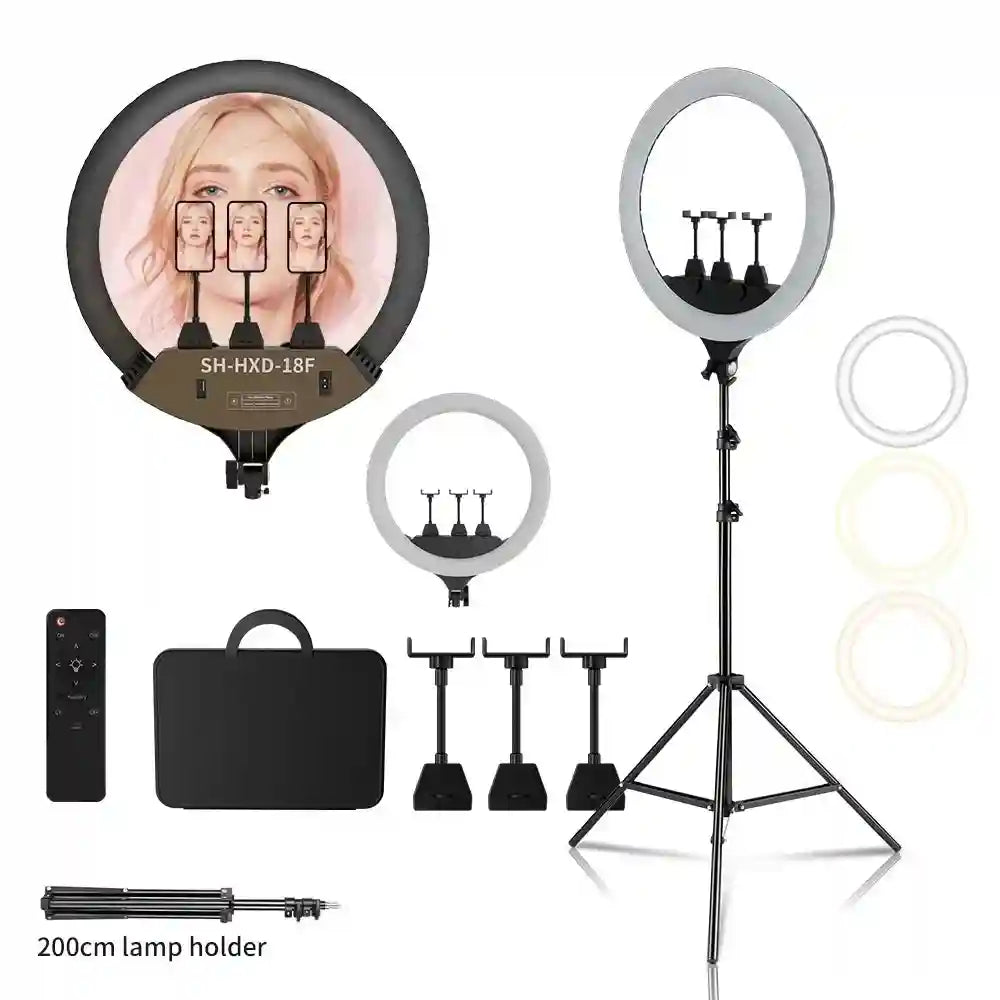 18-inch ring light with tripod stand, three phone holders, remote control, and carrying case for photography lighting.