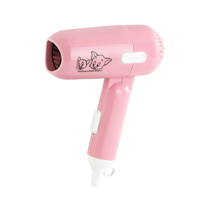 Pink mini folding hair dryer, 400W low power travel tool with cute cartoon design for dormitory or salon use.