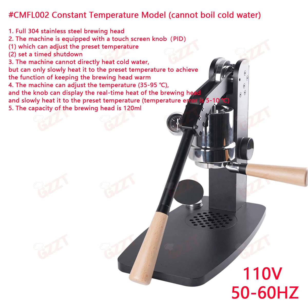 GZZT manual espresso maker, black metal frame, 120ml stainless steel brewing head, wooden handle, PID temperature control