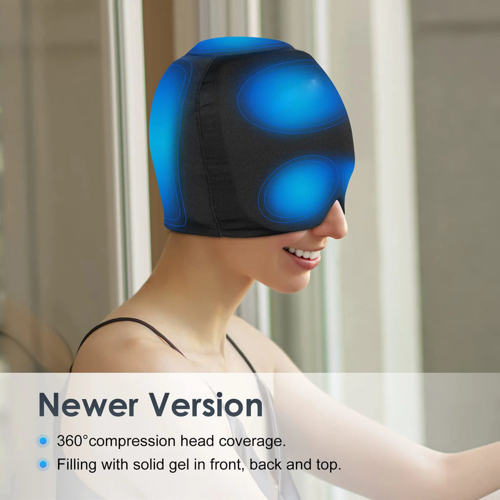 Black migraine ice cap with 360-degree gel cooling coverage for headache and tension relief, light-blocking design.