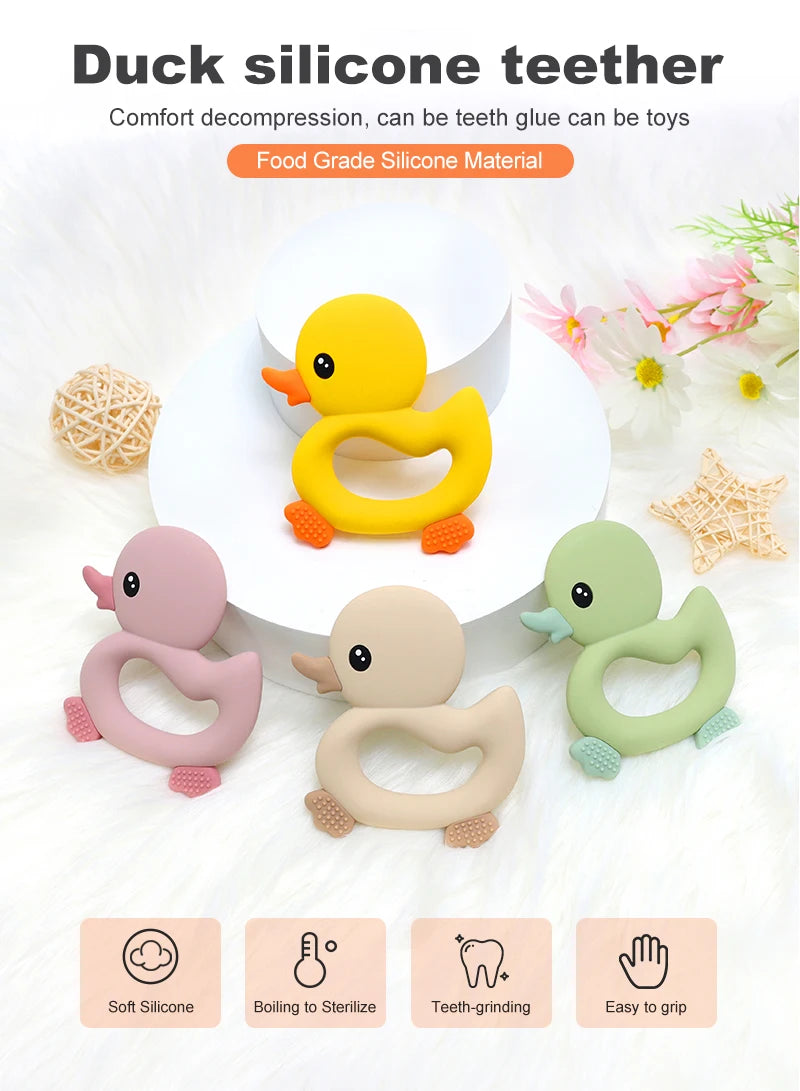 New Arrival Baby Teether Cartoon Duck Shape Silicone Teether Pacifier Clip Baby Toy Teething Accessories