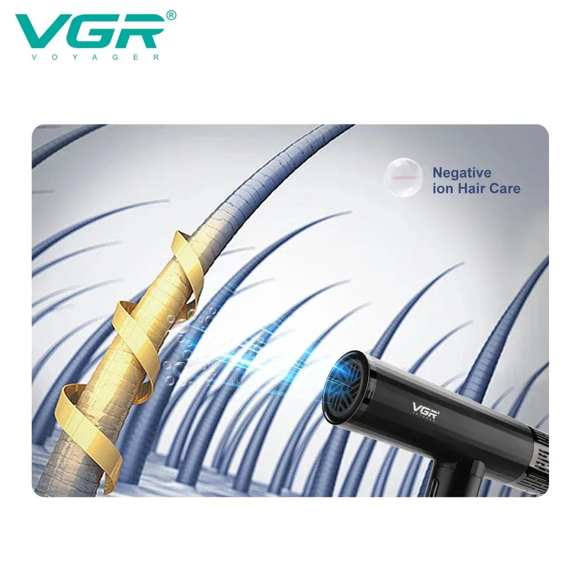 VGR V-427 black leafless hair dryer with negative ion technology for smooth, professional salon-style hair drying.