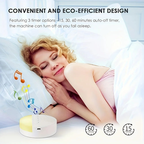 White round sleep aid machine with timer buttons helps woman sleep comfortably in bed.