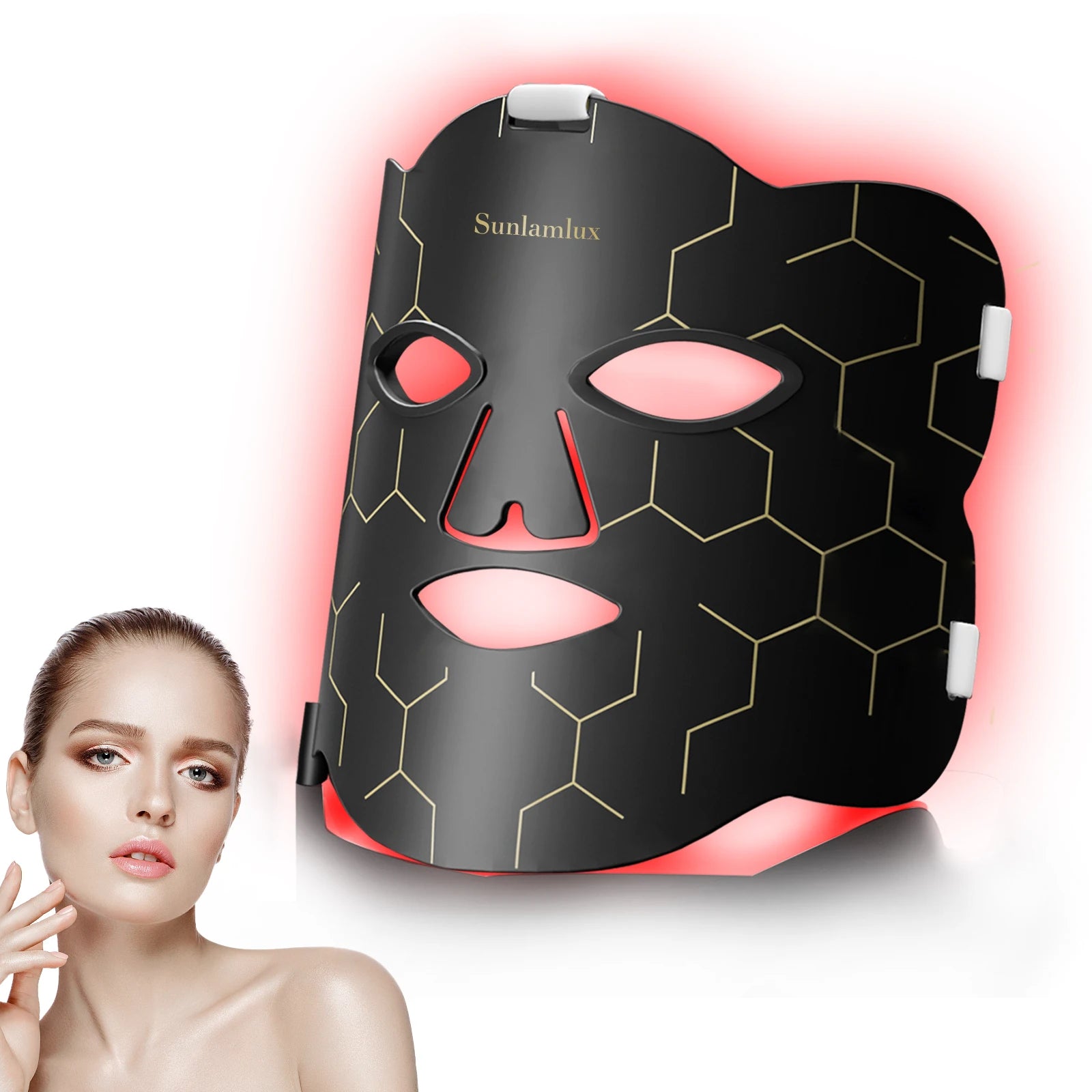 Flexible black silicone LED red light therapy mask with gold hexagonal pattern for facial skin care rejuvenation.