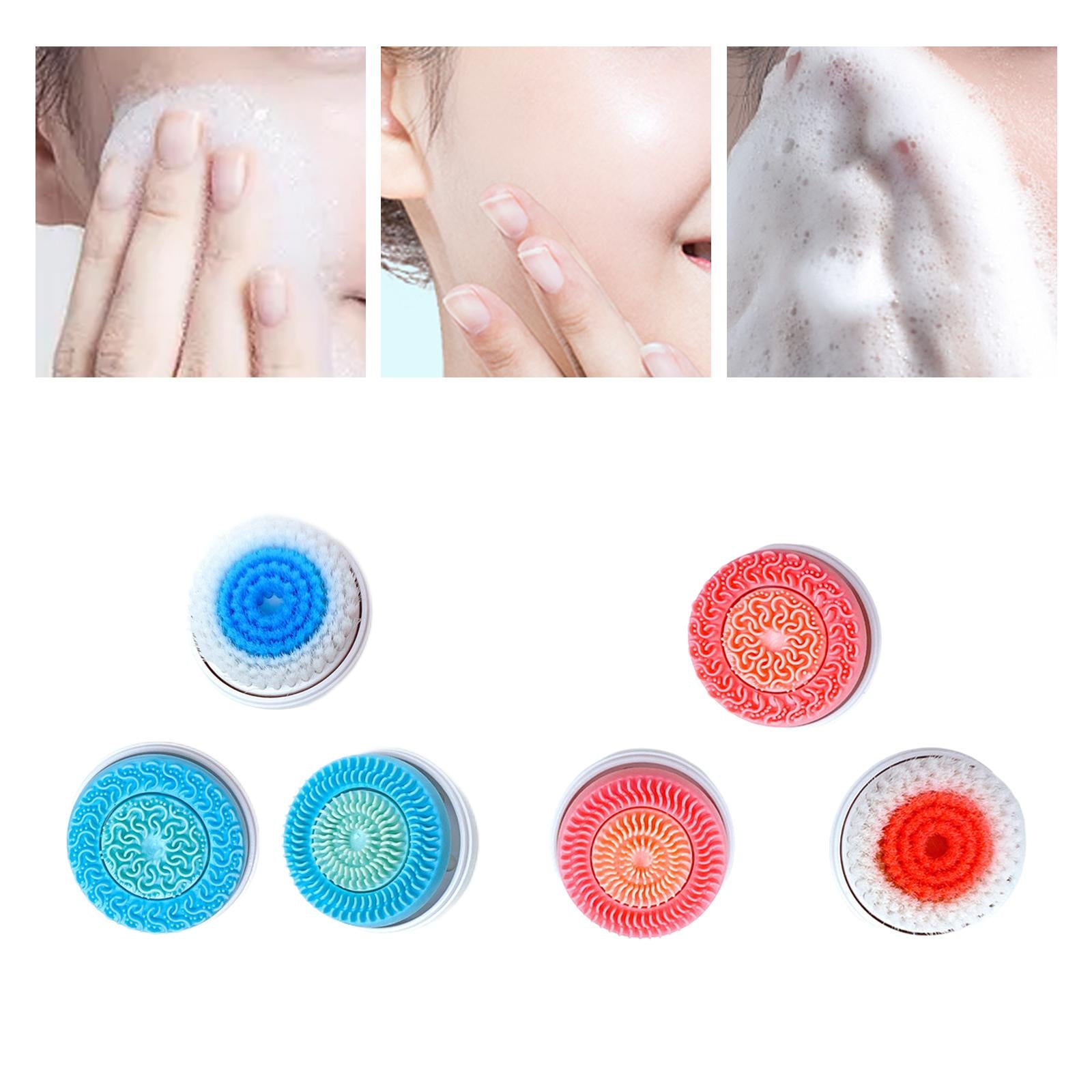 Round silicone and bristle facial cleansing brush heads in blue, pink, and orange for exfoliating skin.