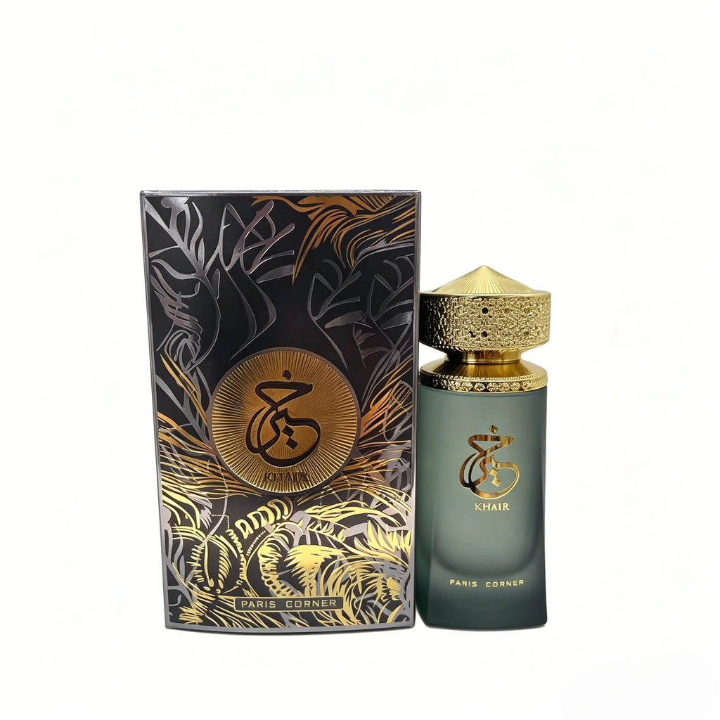 Paris Corner Khair EDP: Premium unisex Arabian fragrance in a frosted green bottle with ornate gold cap, 100ml.