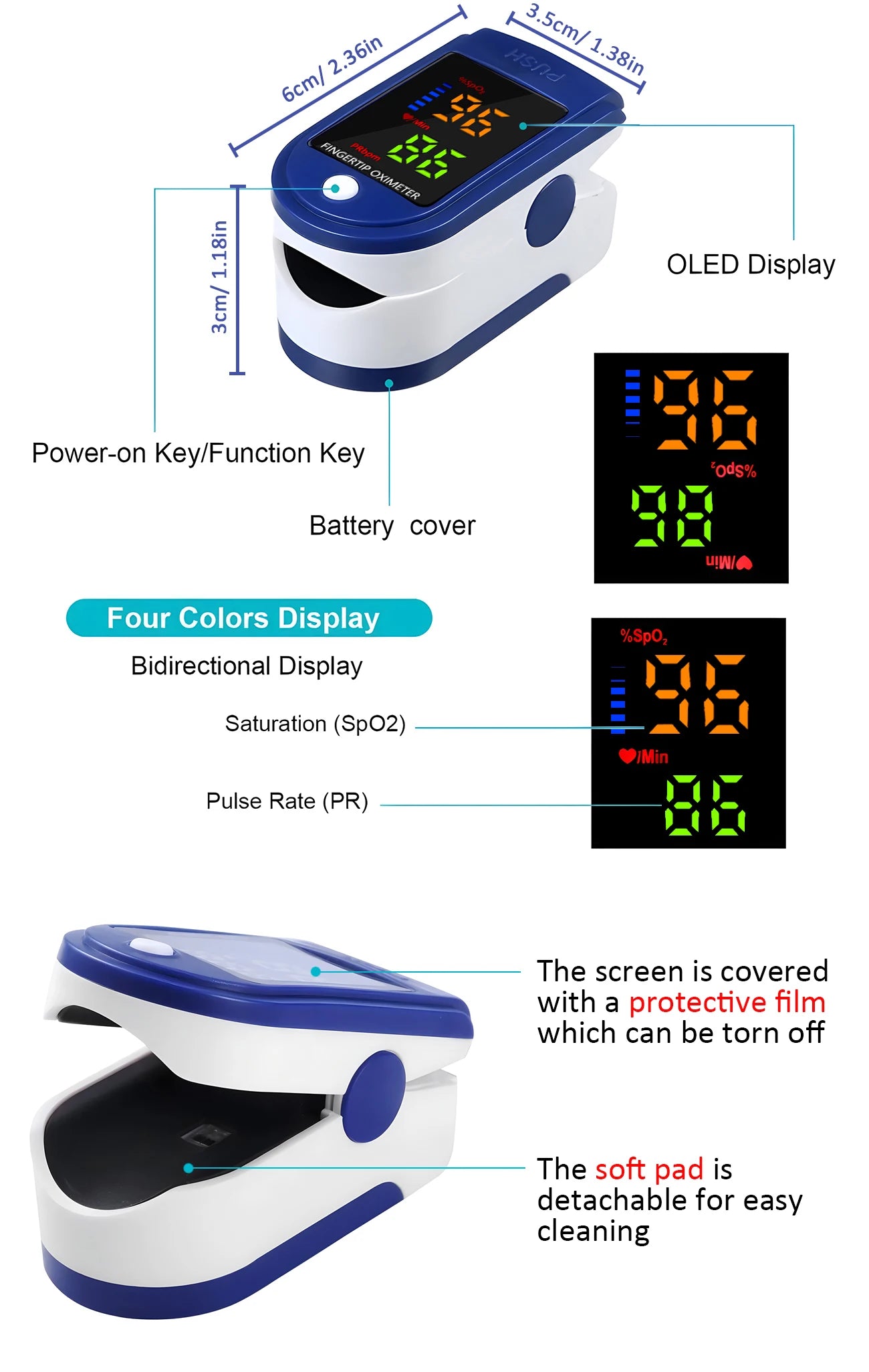 LED Oximeter Fingertip Pulse Blood Oxygen Saturation Monitor Testing SpO2 Home Digital Oximetry