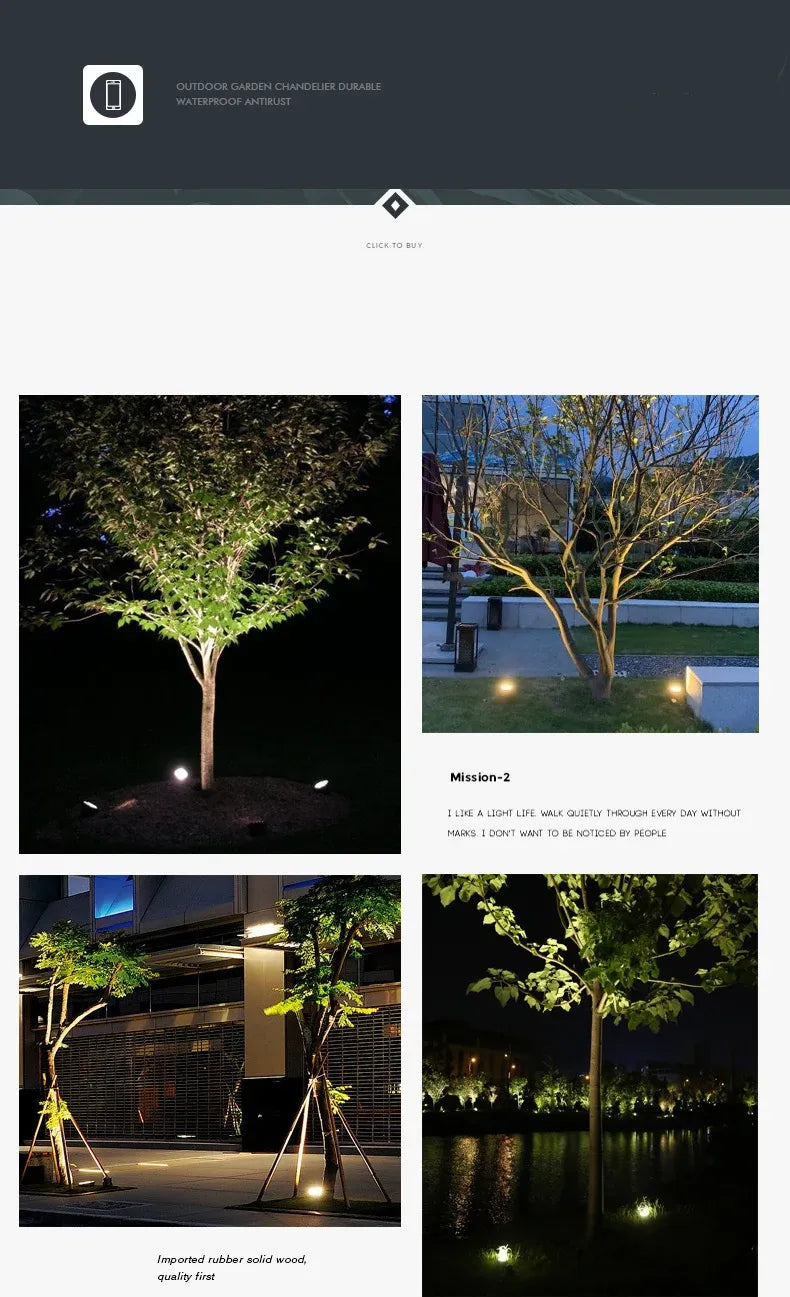 Outdoor LED landscape spike lights shown in garden lighting scenes at night
