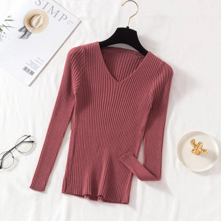 2026 Casual Long Sleeve Knitted V Neck Pullover Autumn Winter Women Sweaters Femme Basic Solid Jersey Tops Fashion Clothes