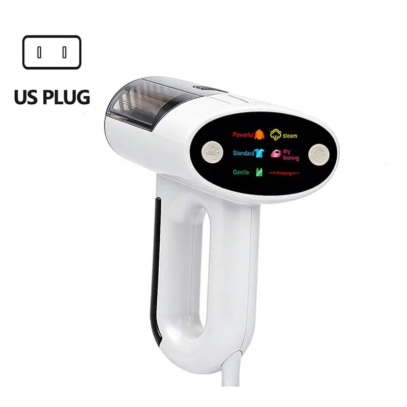 Handheld garment steamer with US plug, white body and black vented nozzle