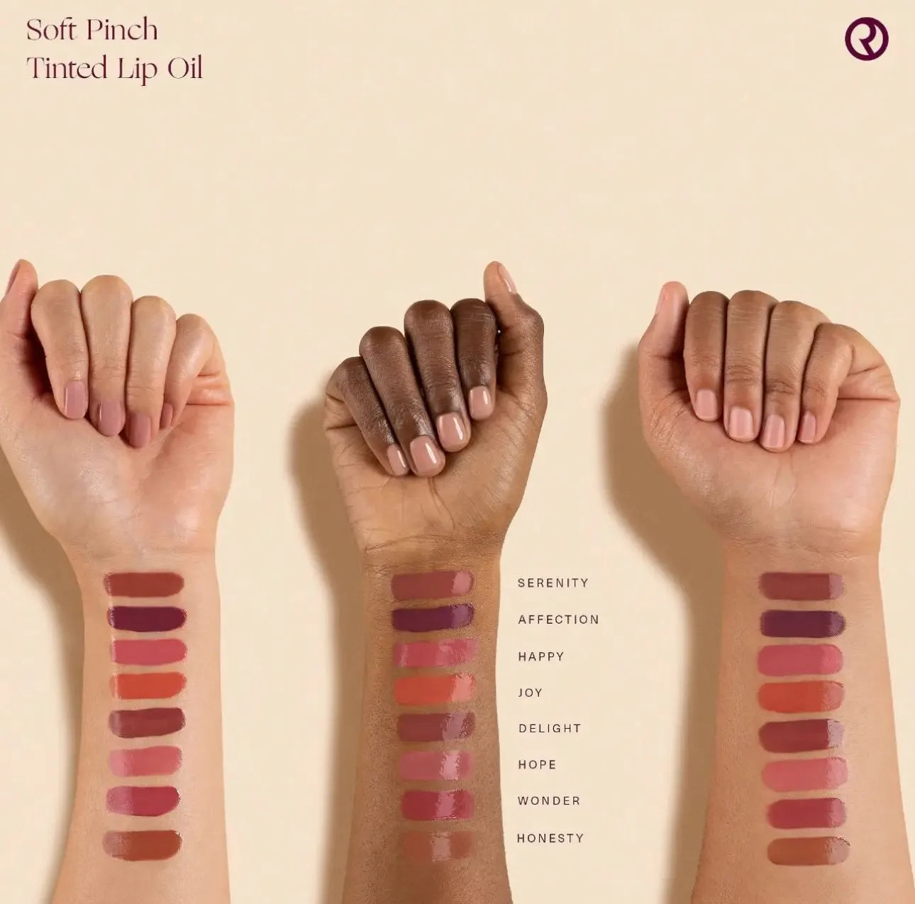 Rare Beauty Soft Pinch Tinted Lip Oil swatches showing glossy, long-lasting color variety on three different skin tones.