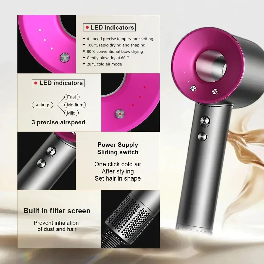 Pink and grey bladeless negative ion hair dryer with LED heat, speed controls, and dust filter for fast drying.