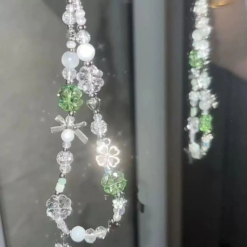 Korean Cute Green Clear Lucky XYun Beaded Keychain Phone Charm Chain Strap Pendant For Phone Accessories Bag Hanging Cord Gift