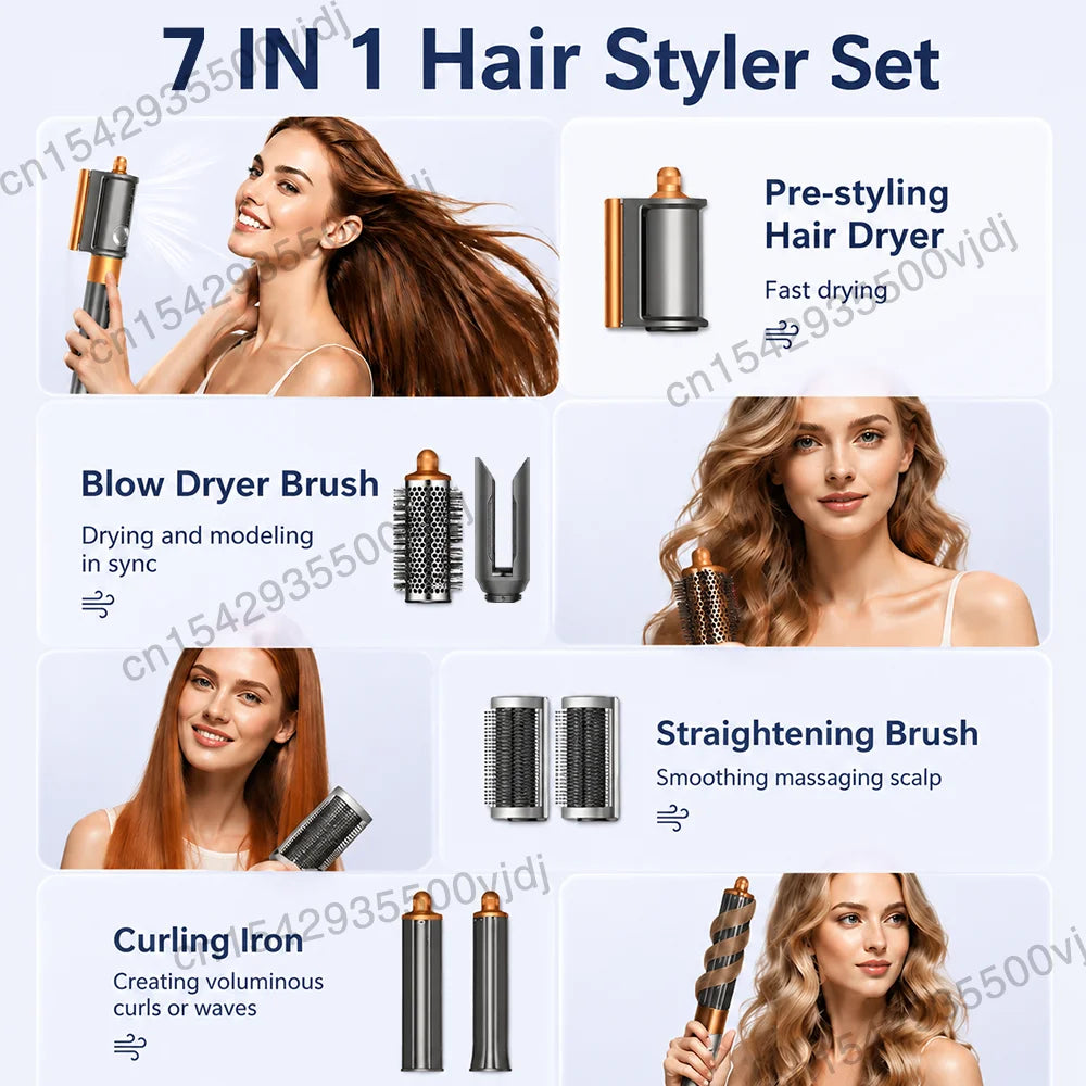 7-in-1 high-speed ionic hair dryer set in grey and gold with curling, drying, and straightening styling attachments.