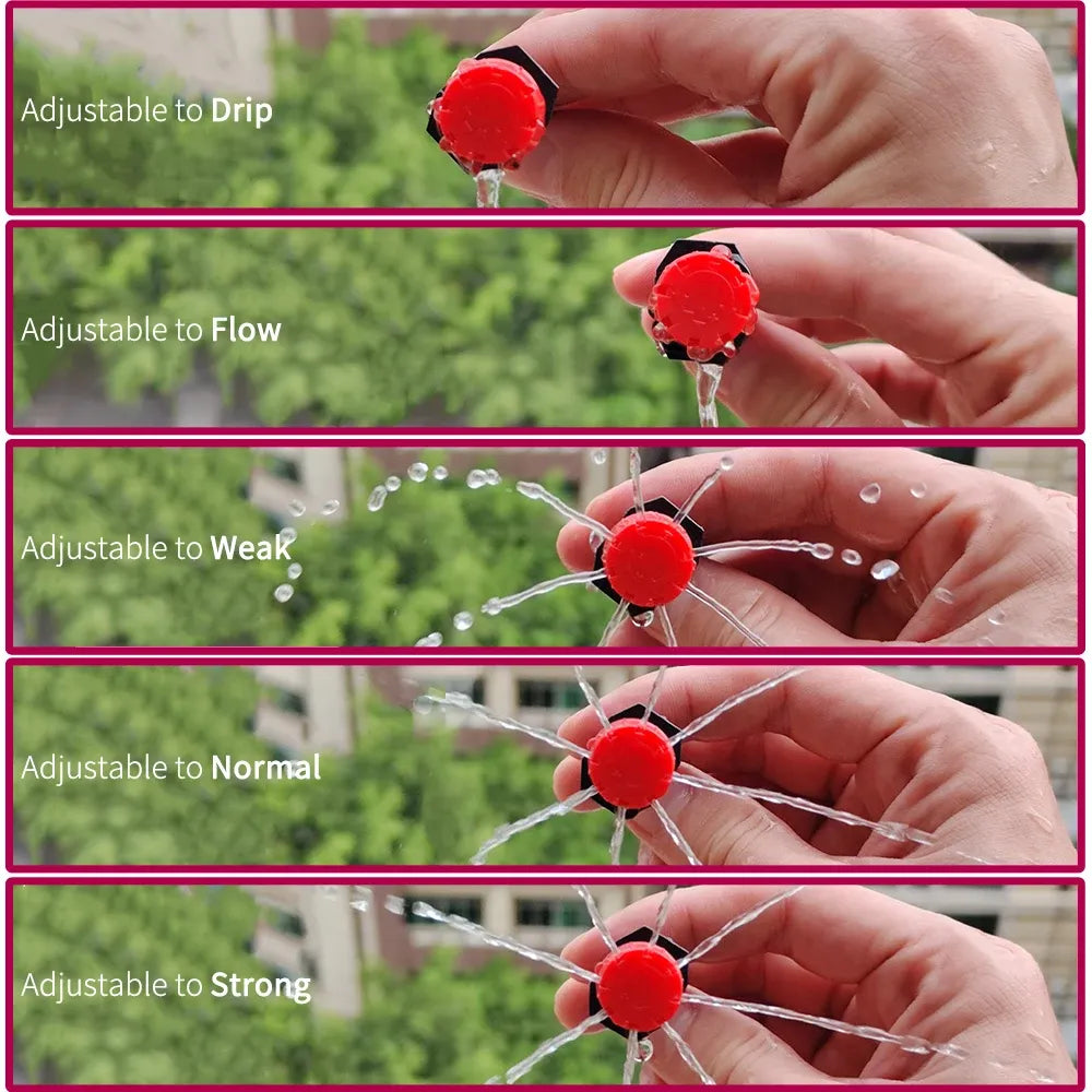 Adjustable red 8-hole drip emitter for 4/7mm hose held in a hand