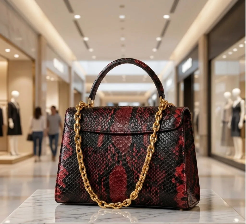 Red python leather designer handbag with gold chain strap and top handle in a luxury retail setting.