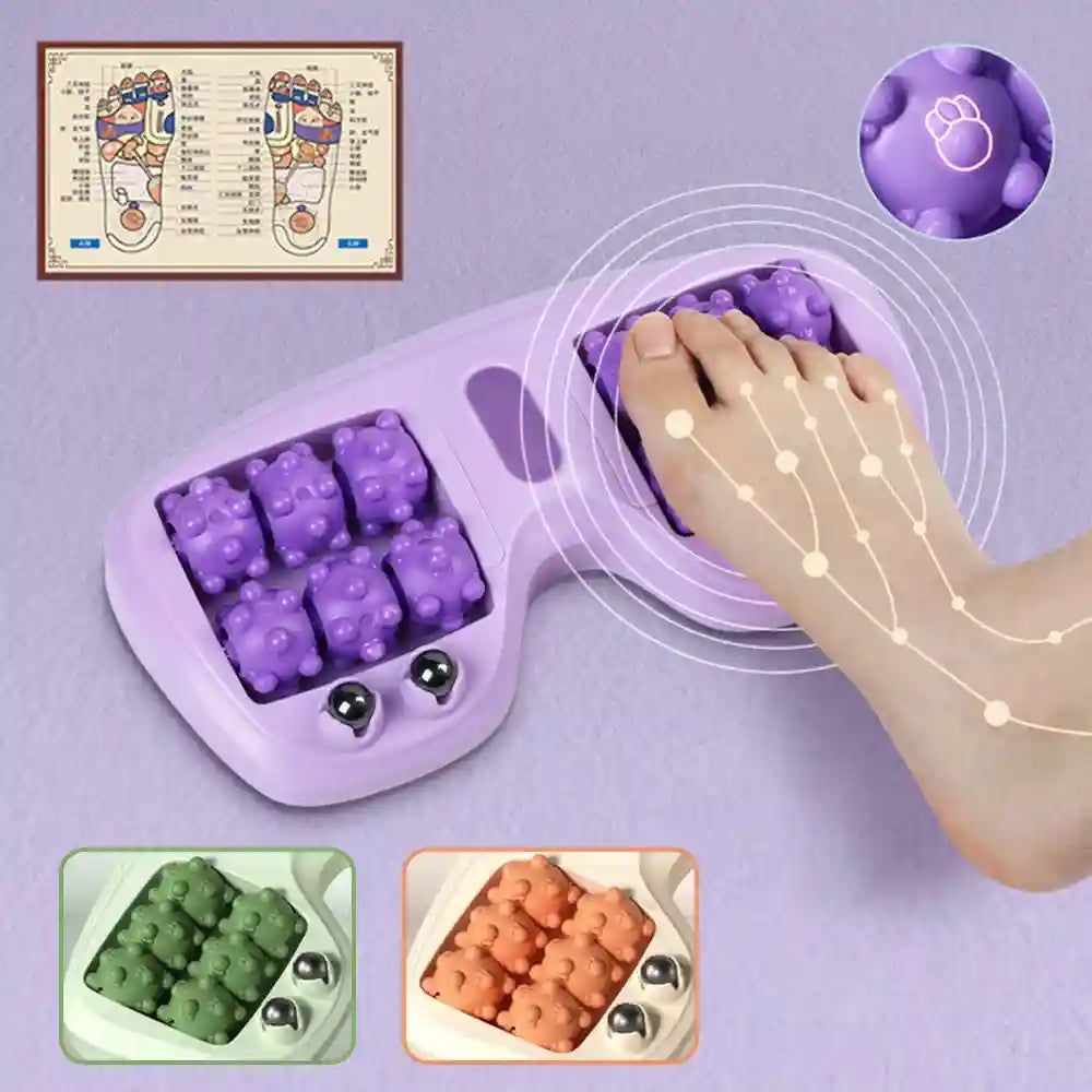 Purple foot roller massager with magnetic beads for reflexology, featuring multi-point rollers for home foot therapy.