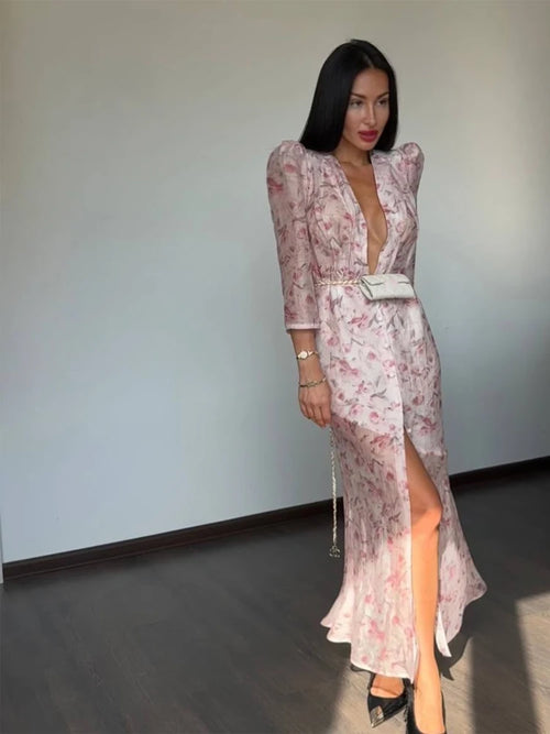 Fashion Sexy Organza Floral Printed Maxi Dress V-neck Puff Sleeve 2026 New Summer Romantic Women Party Gown Elegant Lady Vestido