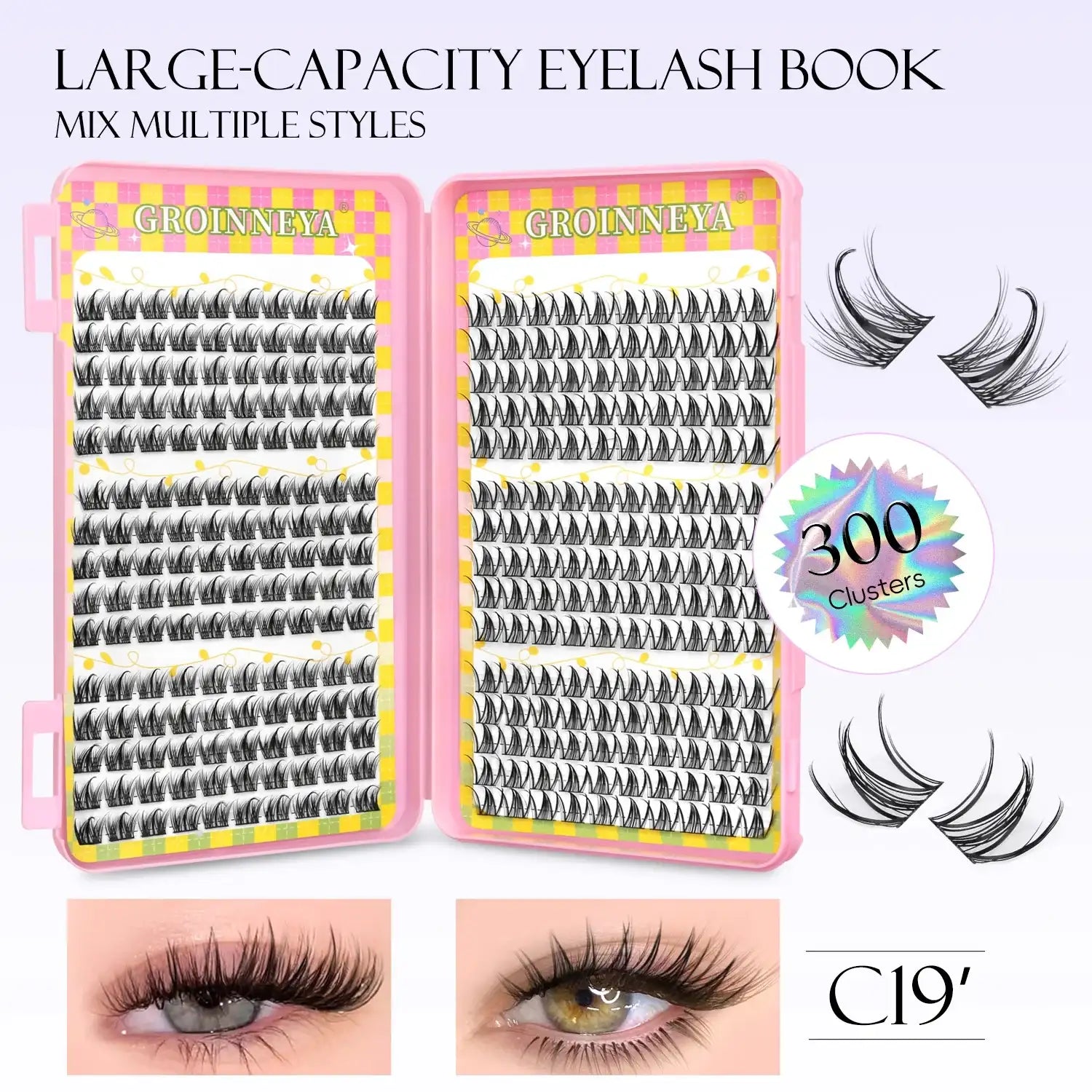 GROINNEYA Eyelashes Clusters 320 pcs Natural Eyelash extension Cluster Lashes Volume Mixed Tray Lashes Cluster Natural