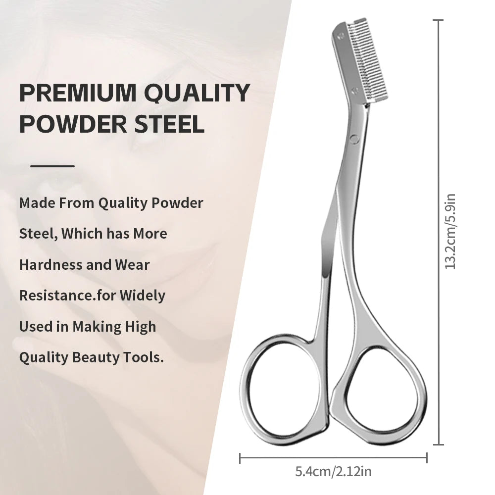 Professional stainless steel eyebrow trimmer with comb, silver finish, ergonomic design, 13.2cm precision beauty tool.