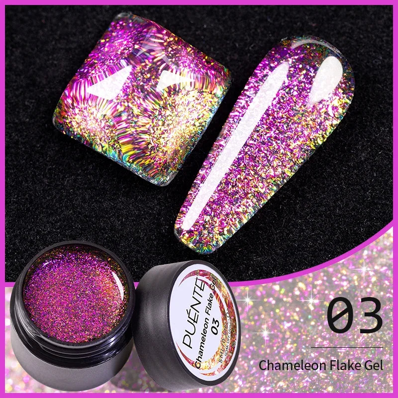 Chameleon flake gel polish in a small jar, with two swatch samples showing a shimmery, color-shifting purple finish.