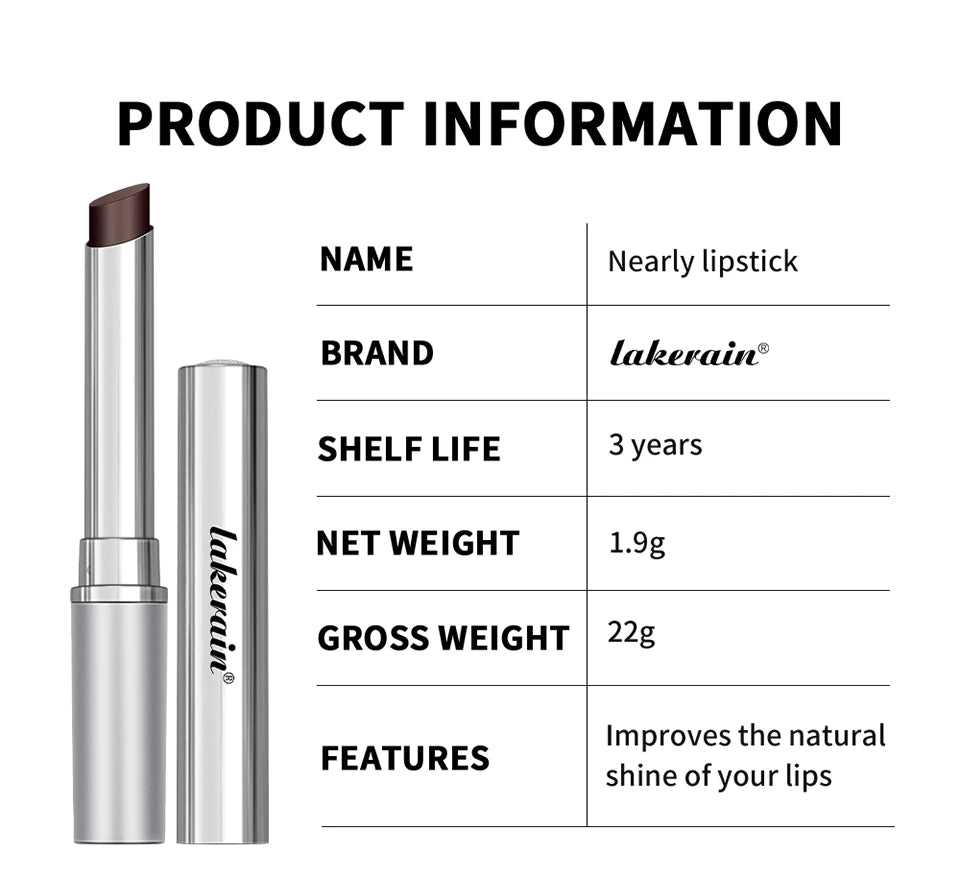 Lakerain dark brown moisturizing lipstick in a silver tube, a nourishing, long-lasting, non-stick tinted lip balm.