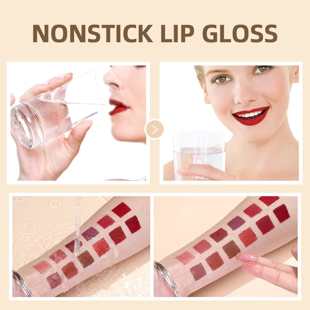 QIBEST long-lasting velvet red matte liquid lipstick with nonstick finish shown on lips and skin color swatches.