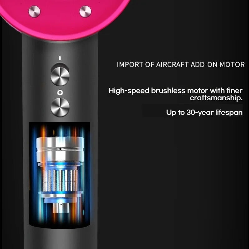 Pink and black high-speed ionic hair dryer featuring a powerful brushless motor for fast, quiet professional drying.