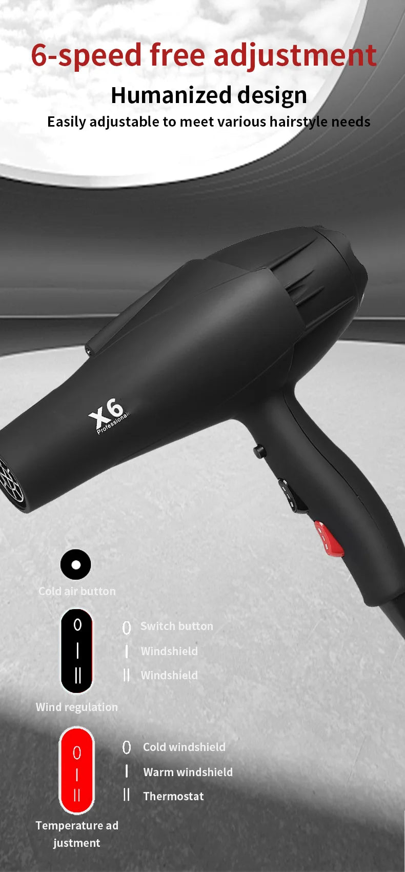 Matte black X6 professional 2400W hair dryer with 6-speed heat and wind settings for fast home salon styling.