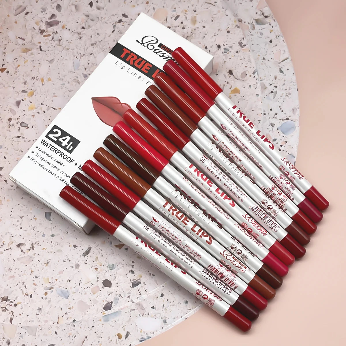 12-piece waterproof matte lip liner pencil set in assorted red and brown shades for long-lasting lip makeup.