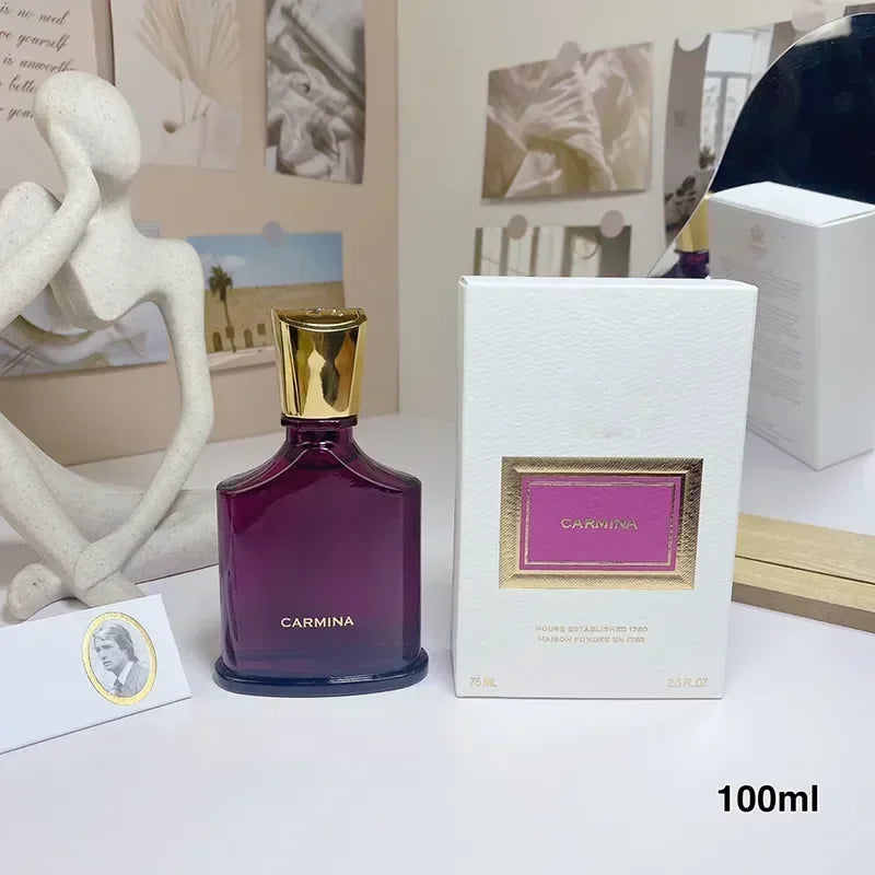 Creed Carmina EDP unisex perfume, purple glass bottle with gold cap, 75ml luxury woody floral fragrance spray.