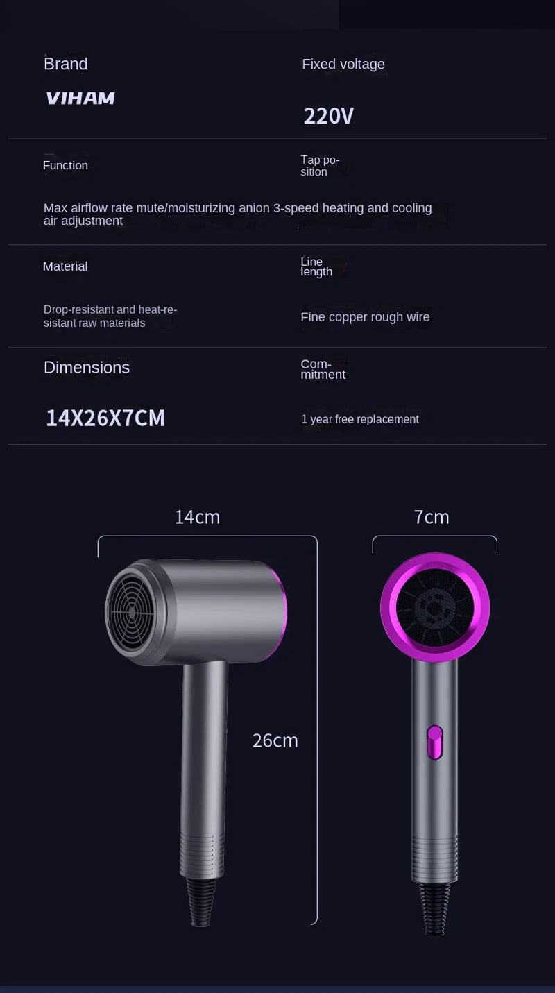 VIHAM gray and purple high-power negative ion hair dryer with 3-speed heat settings for quick, quiet drying.