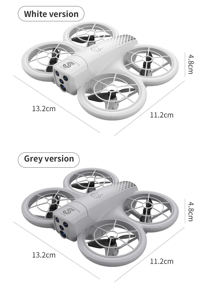 Small white and grey quadcopter drones with propeller guards, measuring 13.2cm by 11.2cm by 4.8cm for indoor flight.